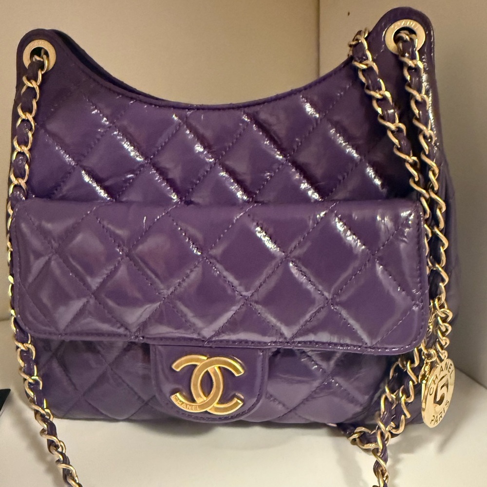CHANEL Shiny Purple Quilted Crossbody Bag